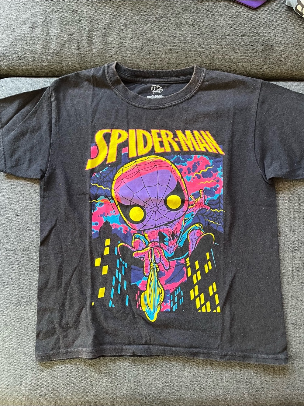 Funko POP Marvel Spider-Man Kids M Graphic T-Shirt Black Neon Comic Tee